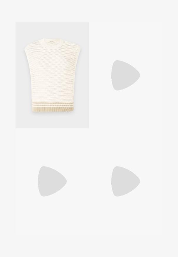 Knit sleeveless top in cream with a textured pattern. Features a round neckline and a beige-striped hem. Breathable and lightweight design.; White cropped t-shirt with a round neckline and short sleeves, made from soft cotton. Simple design, no patterns or embellishments.; Light blue, wide-leg pants made of denim with an elastic waistband. Smooth texture with no visible patterns or embellishments.; Brown leather sandal with thin strappy design, featuring a gold-tone buckle and flat black sole with zigzag edge.