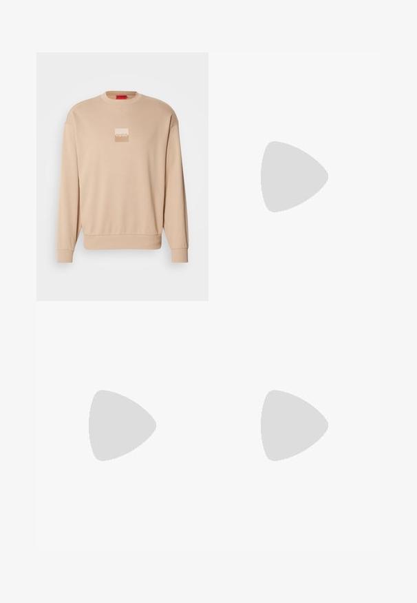 Beige sweatshirt with a round neckline and ribbed cuffs. Features a small square logo in pale colors on the front. Soft, smooth texture.; White cotton t-shirt featuring a blue star logo above the word "HUGO" in bold black lettering. Crew neckline, short sleeves.; Black cargo pants made of cotton with a relaxed fit, featuring side pockets, a button closure, and straight legs. Simple design without patterns.; Black ankle boot with a smooth finish, elastic side panels, and a contrasting red pull tab, featuring a thick rubber sole and rounded toe.