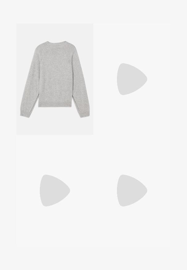 Vaaleanharmaa neulepaita, joka on valmistettu pehmeästä kankaasta. Siinä on pitkät raglanhihat, pyöreä pääntie sekä ribbireunukset hihansuissa ja helmassa. Yksinkertainen, saumatonta muotoilua.; Mustat leveät housut, joissa on paljetti-tekstuuri hopea-akselilla, luoden kuvioitua ilmettä koko kankaan alueelle.; Musta kapea nilkkakorkokenkä krokotiilin nahkakuviolla, joka on varustettu tyylikkäällä muotoilulla, korkealla stiletto-korkealla ja sileällä mustalla sisäosalla.; Ruskea krokotiilinkuosilla varustettu nahkalaukku, jossa on sylinterimäinen muoto, kultasävyiset yksityiskohdat ja irrotettava hihna, jossa on niittejä.