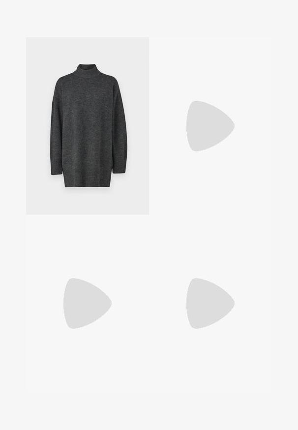 Dark gray, oversized turtleneck sweater made of soft knit material with long sleeves and ribbed hem; smooth texture, minimalistic design.; Gray flared skirt made of soft fabric, featuring a smooth waistband and a hem that gently flares out, with a subtle texture and no patterns.; Black ankle boots made of smooth leather, featuring a side zipper, chunky textured heel, and rounded toe design.; Black leather tote bag with smooth texture, rectangular shape, and two long handles. No visible hardware or embellishments.