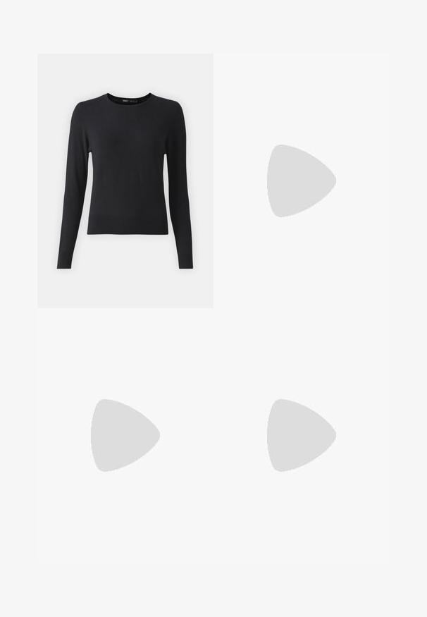 Fekete, hosszú ujjú pulóver, puha anyagból készült, kerek nyakkivágással és bordázott hemrésszel. Egyszerű, sima textúrájú, látható minták nélkül.; Kockás, világoskék és fekete színű, mini szoknya, öt arany tónusú gomb díszítéssel és egyenes szabással. Strukturált, texturált felülettel rendelkező anyag.; Fekete bőrből készült, térdig érő csizmák négyzet alakú orral és blokk sarkal. Oldalsó cipzárral rendelkezik és sima textúrával bír.; Fekete bőr bevásárlótáska két hosszú fogantyúval, sima felülettel és strukturált formával. Elülső zseb található rajta a plusz tárolás érdekében.