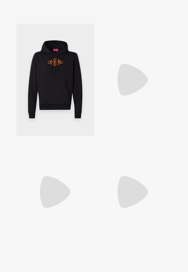 Black hoodie with a front kangaroo pocket, drawstring hood, and an orange graphic logo on the chest. Soft cotton blend material.; Dark navy trousers with a flat front, elastic waistband, and a single button closure. Made of smooth fabric with a straight leg design.; White leather sneakers with a smooth finish, rounded toe, flat laces, and a textured sole. Grey suede accent at the heel.; Clear plastic sunglasses with rectangular brown lenses, featuring thin, transparent arms and metal accents on the temples.