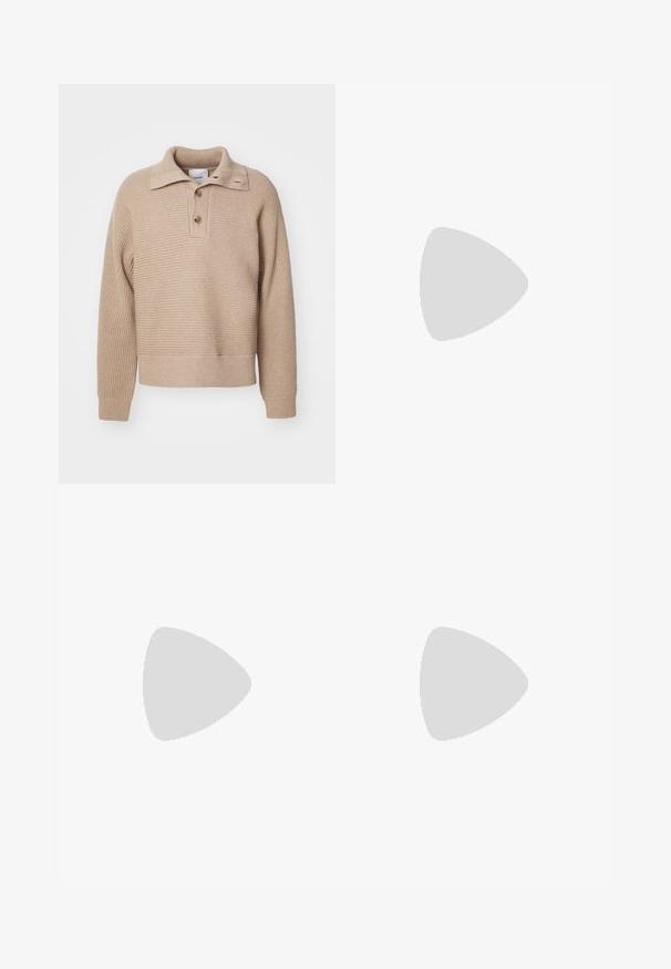 Suéter de punto beige con cuello, tres botones y puños acanalados. Presenta un patrón texturizado y un dobladillo corto.; Camiseta de algodón blanca con cuello redondo, mangas cortas y dobladillo recto. Cuenta con una pequeña etiqueta de la marca en la costura lateral izquierda.; Pantalones beige con cintura elástica y cordón ajustable. Textura suave, piernas rectas y diseño minimalista.; Sudadera gris con bolsillo frontal, capucha con cordón y logo azul. Combinada con pantalones marrones y zapatillas blancas sobre una superficie gris suave.