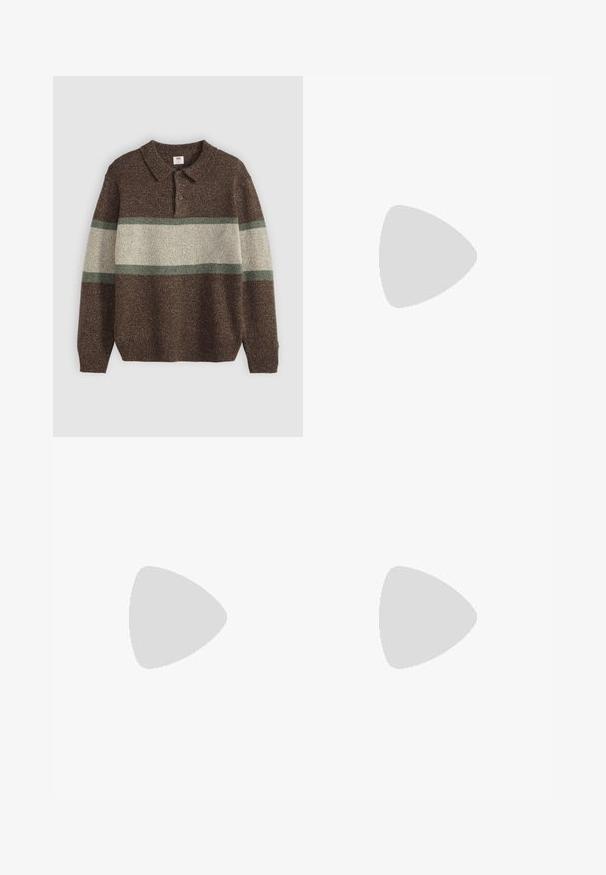 Brun strikket pullover med krave og tre knapper. Har brede beige og grønne vandrette striber. Tekstureret stof med ribbede manchetter.; Mænds lige ben sorte denim jeans med fem lommer og orange syninger, knap- og lynlåslukning foran på taljen.; Lysgrøn ruskind slip-on sko med en vævet jute sål, der har et foldet accent ved fronten og en lav hæl. Enkel design, flad profil.; Soli der med en sølvfarvet metalramme, aviator-form og mørkt tonede linser. Stylet med en ribbet brun bomberjakke.