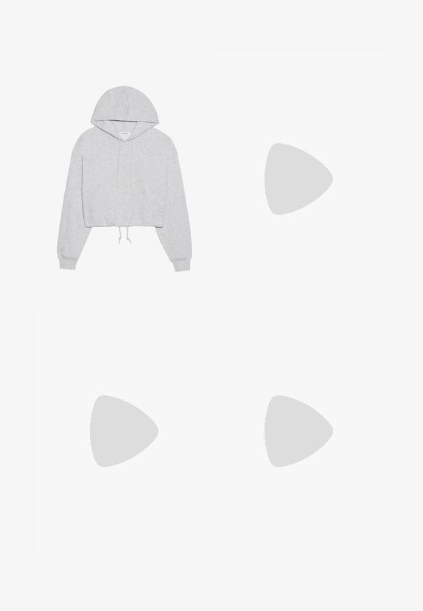 Grey cropped hoodie made of soft fabric, featuring a drawstring hood, long sleeves, and ribbed cuffs. Simple design with no patterns or graphics.; Two fitted, sleeveless crop tops—one in ribbed blue fabric, the other in ribbed black. Both feature round necklines and a smooth texture.; Wide-leg pleated pants in dark blue. Features an elastic waistband and vertical stripe texture, made from a lightweight fabric.; Canvas sneaker in navy blue with white eyelets and laces, featuring a white rubber toe cap and a black stripe along the sole.