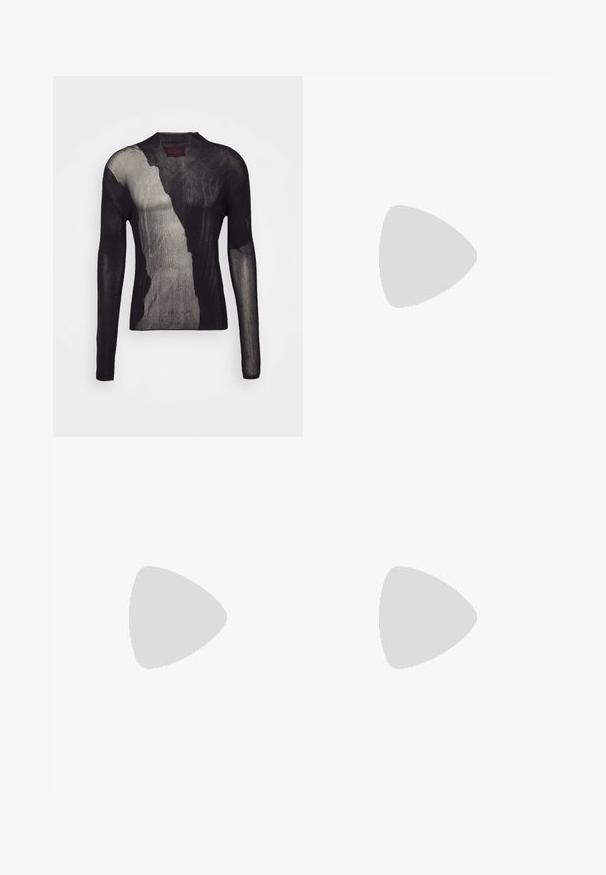 Haut noir à manches longues en tissu tricoté transparent et texturé. Présente un motif dégradé, un col rond et une silhouette ajustée.; Pantalon en coton beige avec une coupe droite, doté d'une fermeture à bouton et d'une poche latérale. Texture lisse et style simple.; Sandales en caoutchouc noir avec design découpé, dotées d'une fermeture à boucle dorée et d'une semelle intérieure texturée. Logo frappé sur le talon.; Lunettes de soleil noires avec des verres teintés verts, de forme rectangulaire élégante et un design de monture léger. Détails texturés sur les branches.