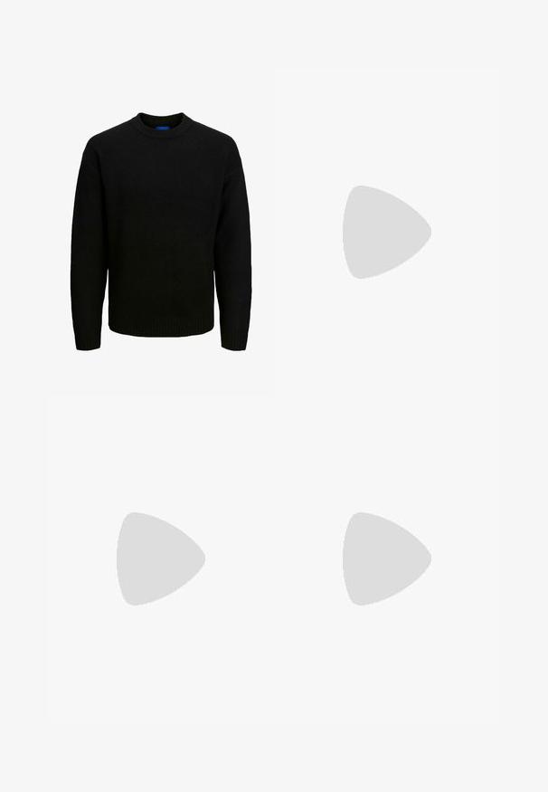 Maglione nero lavorato a maglia con scollatura a girocollo, maniche lunghe e bordi a coste al colletto e all'orlo. Tessuto morbido, vestibilità casual.; Jeans neri a gamba dritta realizzati in denim con un classico design a cinque tasche e accessori in metallo. Tessuto liscio con una leggera elasticità.; Mocassini in pelle nera con punta arrotondata, design senza lacci e suola in gomma spessa con battistrada testurizzato. Tacco elevato e dettagli di cucitura discreti.; Occhiali da sole neri rettangolari con lenti scure, dotati di una montatura spessa, accenti sottili sui lati e senza loghi visibili oltre al nome del marchio.; Orologio in acciaio inox argentato con ghiera blu e rossa, quadrante blu navy, indicatori delle ore bianchi, movimento al quarzo, resistente all'acqua fino a 200 metri e display della data.