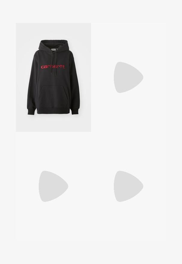 Black hoodie made of cotton blend, featuring a front pocket, ribbed cuffs, and a red embroidered "carhartt" logo on the chest.; Ribbed knit crop top, features a gradient pattern from yellow to light purple, with a fitted shape and a rounded neckline.; Pink leopard print swim shorts with a black drawstring, featuring a lightweight material and side pockets for convenience.; Suede sneakers featuring a cream upper, pale pink three stripes, and a gum sole. Lace-up design with stitched accents and branding.