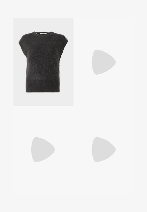 Dark grey, short-sleeved sweater made of soft, fuzzy material. Rounded neckline with minimal seams and a relaxed fit.; Burgundy faux leather pencil skirt with an alligator texture, featuring a back zip closure and side slits for ease of movement.; Black leather slingback heels with a pointed toe, small kitten heel, and a decorative knot detail on the front. Smooth texture throughout.; Burgundy soft fabric handbag with a gathered design and a long strap, worn crossbody. Model wears a white crop top and black jeans.