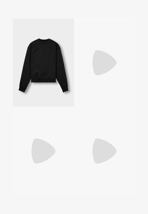 Black cropped sweatshirt with long sleeves, round neckline, and ribbed cuffs. Features a soft fabric texture and minimalistic design.; Navy blue cotton t-shirt featuring a white rectangular logo with "HH" and "HELly HANSEN" text centered on the chest. Short sleeves.; Beige wide-leg pants made of smooth fabric, featuring large patch pockets and a casual design with a flat front and belt loops.; Brown suede ankle boots with a plush fur lining, sturdy rubber sole, and decorative side loops for easy wear. Textured finish on upper.