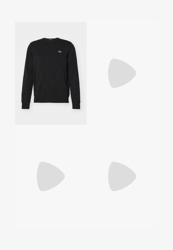 Maglione nero a girocollo realizzato in tessuto a maglia con polsini e orlo a coste. Presenta un piccolo logo ricamato di un coccodrillo verde sul petto.; Maglietta nera a maniche corte con collo tondo e piccolo logo di un coccodrillo verde sulla parte sinistra del petto, su uno sfondo semplice.; Pantaloni della tuta larghi e marroni con vita elastica e cordino. Tasche laterali e polsini con cerniere alle caviglie. Tessuto morbido e traspirante.; Stivale da escursionismo in pelle marrone con un colletto beige, suola in gomma nera e occhielli dorati. Presenta un logo Timberland sul lato.