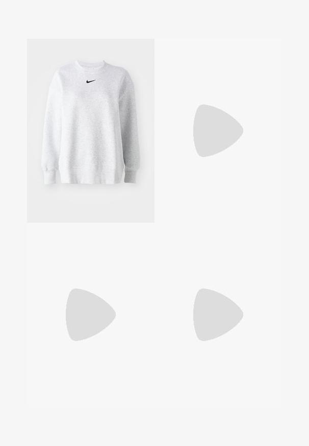 Siv sweatshirt iz mehke tkanine z okroglo ovratnikom, spušenimi rameni, rebrastimi manšetami in majhnim črnim Nike logotipom na prsih.; Bela bombažna midi krila s pravim krojem, stranskim razporkom in skritim zadrgo. Gladka tekstura, minimalen oblikovni pristop in brez vidnih okraskov.; Bele superge Nike v belem z črnimi detajli, z gladkim usnjenim zgornjim delom, belimi vezalkami in trdnimi gumijastimi podplati, v kombinaciji z belimi rebrastimi nogavicami.; Sončna očala s sleek srebrnim plastičnim okvirjem, temno odtenjenimi lečami in ukrivljeno obliko. Imajo drzne akcentne detajle in lahko zasnovo.