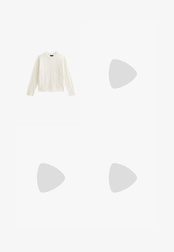 Pull en laine blanc à mailles torsadées avec des manches longues et des poignets et un ourlet côtelés, col rond, présenté sur un fond blanc.; MAX&Co. LONG VERY SHORT - Jupe plissée - schwarz; Ballerines en cuir noir avec un bout rond, texture lisse, détails de couture minimalistes et design de semelle flexible.; Lunettes en écaille de tortue avec monture ovale, verres transparents et accents dorés. Elles possèdent des branches courbées et une finition lisse et brillante.; Sac à main en cuir marron foncé avec deux longues poignées et une forme rectangulaire structurée sur fond blanc.