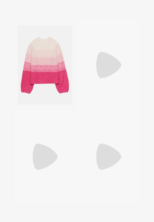 Kötött pulóver krém, rózsaszín és fuksziá színekben, átmenetes árnyalatokkal, strukturált mintákkal és széles ujjakra. Kerek nyakkivágás, rövidített fazon.; Világoskék farmer szoknya magas derékkal, egyenes szabással, elülső hasítékkal és két hátsó zsebbel. Gombos záródással és diszkrét varrási részletekkel rendelkezik.; Fekete bőr bokacsizma lekerekített orral, sima felülettel és feltűnő tömbsarokkal. Oldalsó cipzárral rendelkezik. Minimalista dizájn.; Fekete bőrtáska ívelt formával, levehető pánttal és arany színű fémrészekkel. A táskán egy csattal díszített fedél található.