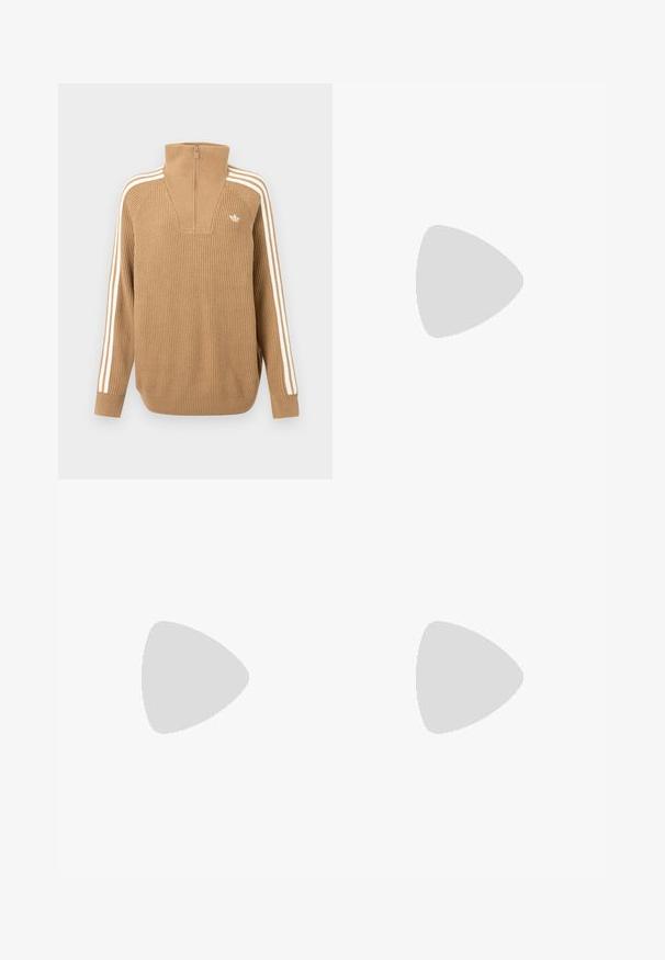 Brunstripete genser med høy krage og halv glidelås, med tre hvite striper langs ermene og en liten logo på brystet.; Kaki skjørt med innsvingt liv, belteholdere, to sidelommer og glidelås foran. Laget av glatt, strukturert stoff med en ren finish.; Sportssko med en hvit skinnoverdel, grå semsket tå og tre svarte striper. Har en blå logo på tungen og en teksturert gummisåle.; Brun lærveske med hjerteformet akcent, avrundet design, gullfarget beslag, holdt av en hånd; kombinert med slitt denim og en perledekket topp.