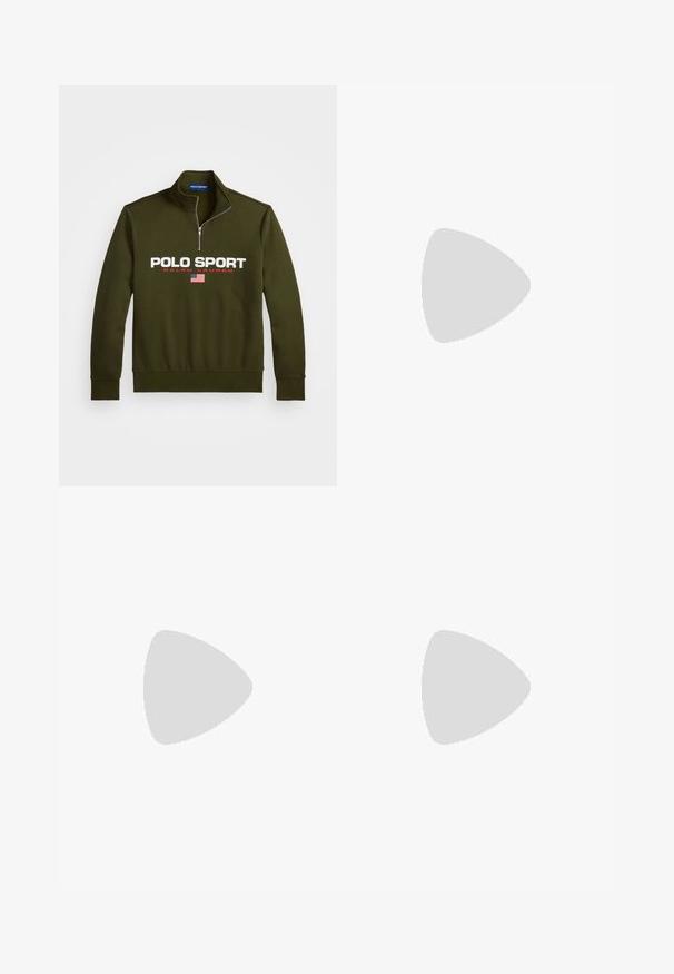 Oliņzaļš ceturtdaļas rāvējslēdzēja pulovers ar "POLO SPORT" logo baltā un sarkanā krāsā, ar amerikāņu karoga akcentu apakšā. Audums no kokvilnas maisījuma.; Īsu piedurkņu t-krekls ar horizontālām daudzkrāsainām svītrām zilā, apelsīnu, purpura un sarkanā krāsā. Mīksta auduma, ar apaļu kakla izgriezumu.; Bēšas lina bikses ar taisnu griezumu, ar divām priekšējām krokām, pogu aizdari un sānu kabatām. Strukturēta auduma virsma ar gludu apdari.; Tumši brūni zamšādas kedas ar baltu biezu zoli, ar saistāmām auklām un diskrētu Polo logotipu sānos, skatītas no ārējās puses.