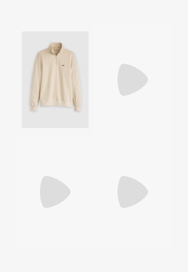 Beidzis ceturtdaļas rāvējslēdzēja sporta krekls no mīksta auduma, kas ir smilškrāsā, ar Levi's logotipu kreisajā krūtī un ribota piegriezuma piedurknēm un apakšmalu.; Balta kokvilnas t-kreklu ar sarkanu izšūtu Levi's logo priekšpusē klasiskā izliekta nozīmītes formā. Īsas piedurknes un apaļa kakla dizains.; Gaiši zilas denima bikses ar šauru piegriezumu, piecām kabatām, pogu aizdari un izšūti akcenti. Gluda tekstūra ar maigām izbalēšanas pazīmēm.; Biezi balti ādas apavi līdz potītei ar perforētu purngalu, plakaniem šņorēm un minimālistisku dizainu. Saskaņoti ar gaiši ziliem džinsiem.