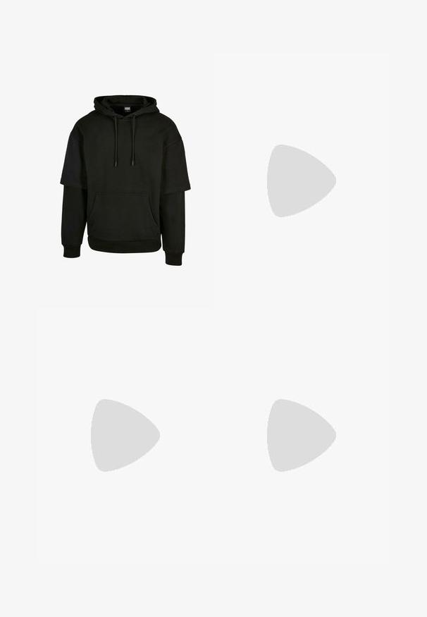 Musta huppari, jossa on kengurulaukku, nauhakotelo ja lyhyet hihat, joissa on pidennetyt muotoiluelementit. Valmistettu pehmeästä, teksturoidusta kankaasta.; Weekday GABRIEL LOOSE TROUSERS - Housut - black; Musta juoksukenkä, jossa on yhdistelmä verkko- ja synteettisiä materiaaleja, paksu pohja, kaareva muotoilu ja näkyvä brändäys sivussa.; Kuluneet harmaan sävyiset aurinkolasit, joissa on hopeiset yksityiskohdat, vaaleaa taustaa vasten. Linssit ovat ainutlaatuisen geometrisen muotoiset.