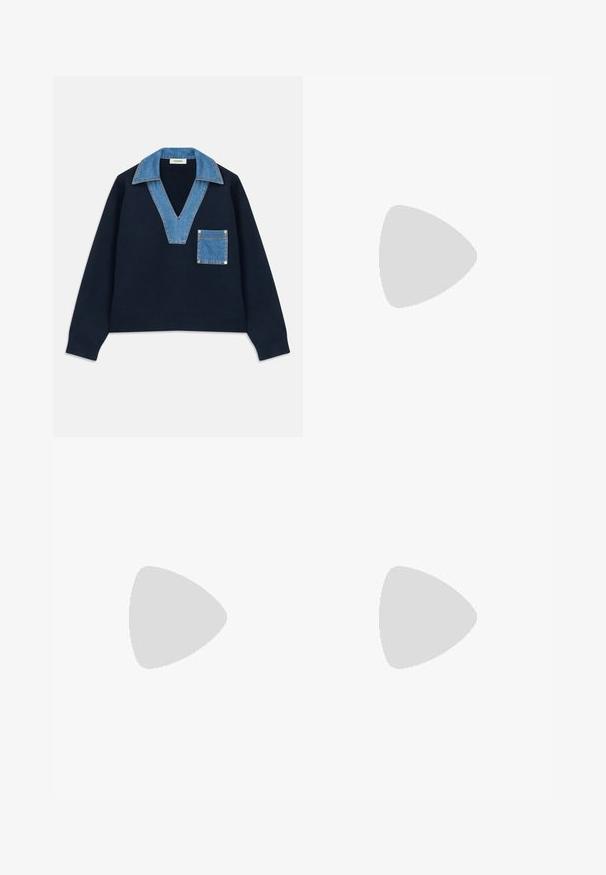 Marineblaues Sweatshirt mit einem tiefen V-Ausschnitt, ausgestattet mit einem Denim-Kragen und einer Tasche. Der Stoff scheint weich zu sein und hat eine lässige, verkürzte Passform.; Gestreifter Rock in Gelb und Blau, mit einem gerafften Bund und einem Kordelzug sowie einer Spitzenkante am Saum. Aus Baumwollstoff.; Blauer Slingback-Schuh mit spitzem Zeh, strukturiertem Obermaterial, seitlichen Ausschnitten und einem kleinen Absatz. Mit goldfarbenen Hardware-Akzenten.; Braune Leder-Eimer-Tasche mit verstellbarem Schultergurt und goldfarbener Schnalle, einfache vertikale Nahtdetails auf der Vorderseite.
