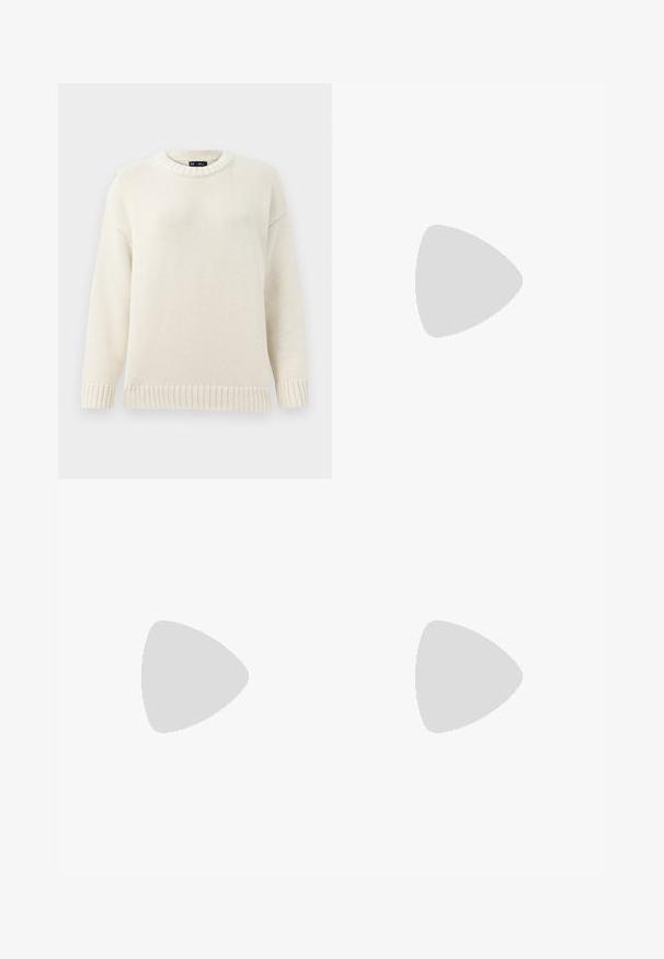 Hele kreemikookon kudum, millel on ümar kaelus, soonikud varrukatel ja allääres. Omab tekstuurset mustrit ja langenud õlgu, mis tagavad mugava istuvuse.; Laia äärega teksapüksid keskmises sinises toonis, kõrge vöökohaga, viie taskuga ja õmbluse aksentidega. Siledapinnaline, kaunistusteta viimistlus.; Leopardi mustriga tossud, millel on beež sueded ülemine osa, pruuni kummist põhi ja valged aktsendid. Ümar nina ja lipsukujundus, millel on tekstureeritud viimistlus.; Oliivroheline kunstnahast käekott koos hõbedase tähe aktsendiga, kahe käepideme ja luku sulgemisega. Tekstuuriga pind ja struktureeritud kuju.