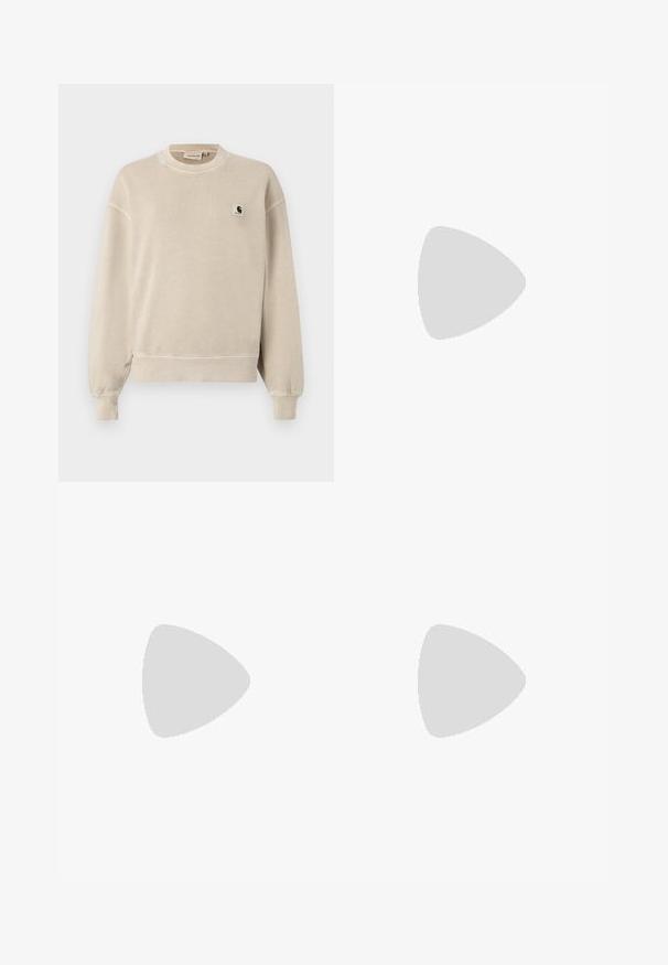 Beige sweatshirt with a crew neck, long sleeves, ribbed cuffs, and hem. Features a small logo patch on the left chest. Soft, textured fabric.; White cotton t-shirt with a relaxed fit, short sleeves, and a small embroidered logo on the left chest area.; Brown, wide-leg trousers with an elastic waistband and a button closure. Features layered fabric design and a small logo on the side.; Black high-top sneakers made of smooth leather, featuring a round toe, thick rubber sole, and black laces. Logo patch on the side.