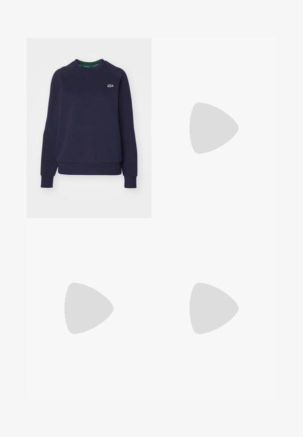 Felpa blu navy in cotone, con collo a girocollo, polsini a coste e un piccolo logo verde Lacoste sul petto.; Top nero a righe bianche con scollo rotondo e logo verde Lacoste sul petto, abbinato a pantaloni bianchi coordinati.; Pantaloni della tuta blu navy con una vita elasticizzata e gambe affusolate. Il tessuto sembra liscio e morbido, con polsini alle caviglie.; Sneaker sportivo nero con tomaia in rete e sintetico, dettagli argento, punta arrotondata, collare imbottito e suola testurizzata per la presa.