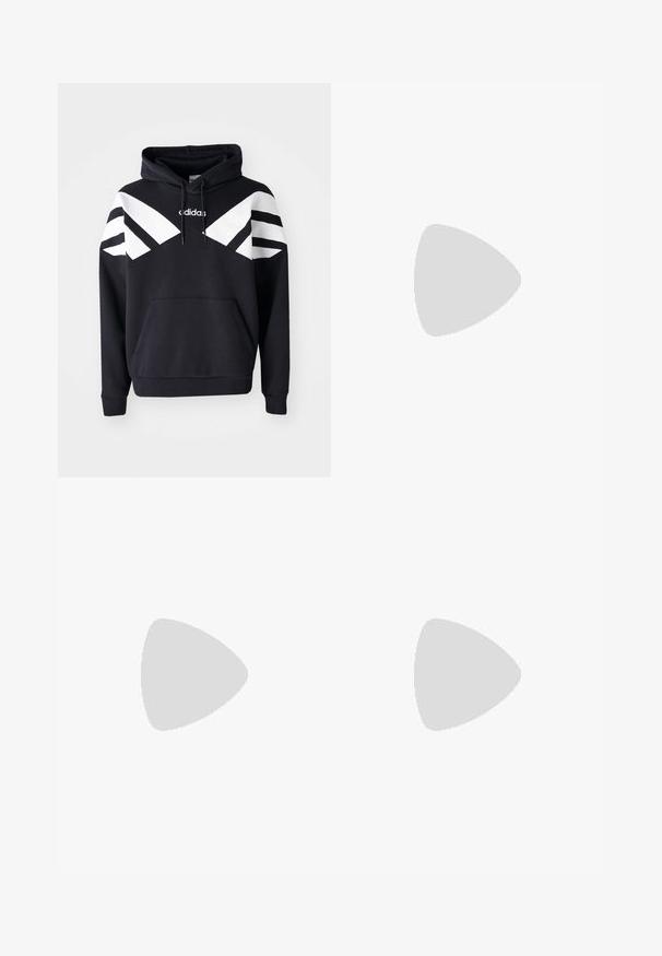 Black hooded sweatshirt featuring white diagonal stripes across the chest and sleeves, front pocket, and logo on the upper chest.; White cotton T-shirts, short sleeves, crew neck design, plain texture, stacked in a row, with subtle branding at the neckline.; Black jogger pants made of soft, stretchy fabric. Features an elastic waistband with drawstring and elastic cuffs. Small white logo on hip.; Black sneakers with a suede and synthetic upper, featuring three white stripes, textured rubber sole, and blue logo tag on the tongue.