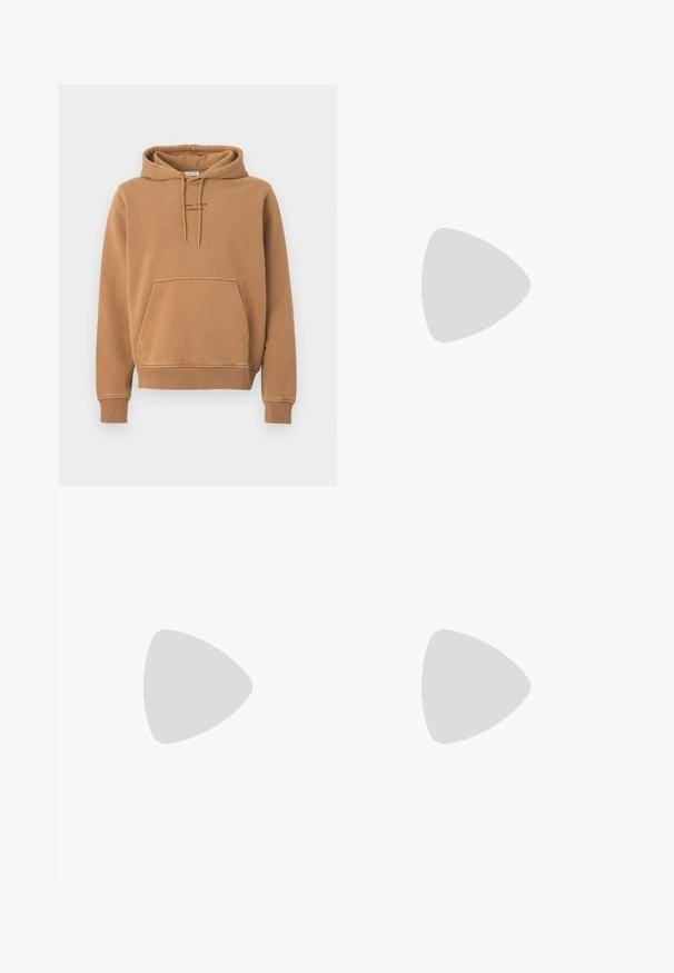 Brown hoodie with a front pocket, drawstring hood, and logo text on the chest. Made of soft fabric with a slightly textured finish.; Long-sleeve, beige T-shirt made of textured fabric, featuring a round neck and fitted cuffs. Includes a small black logo on the sleeve.; Wide-leg trousers in a warm brown fabric, featuring a front button closure, subtle pleats, and straight cut for a relaxed fit.; Brown suede slip-on shoes with a textured finish, round toe, and contrasting rubber sole. Features subtle branding near the heel.