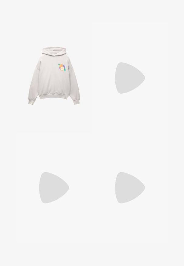 Jasnoszara bluza z kapturem, z zaokrąglonym dołem, długimi rękawami oraz kolorową grafiką owoców na piersi w odcieniach pomarańczowym, purpurowym i zielonym.; Szara i żółta w paski koszulka z krótkim rękawem, okrągłym dekoltem i dużym białym napisem "INSPIRATION COMINGS" z przodu.; Spodnie wide-leg w jasnoniebieskim materiale, z wysokim stanem, plisami i bocznymi kieszeniami. Gładka tekstura z dopasowanym krojem.; Wysokie trampki z jasnoszarej kanwy, z białymi sznurowadłami, białą gumową podeszwą i czarną pasemką wzdłuż podstawy.; Niebieskie i zielone okulary przeciwsłoneczne z prostokątnymi soczewkami; przezroczyste oprawki; fakturowane niebieskie ramiona; ciemne soczewki; wyraźne logo po boku.
