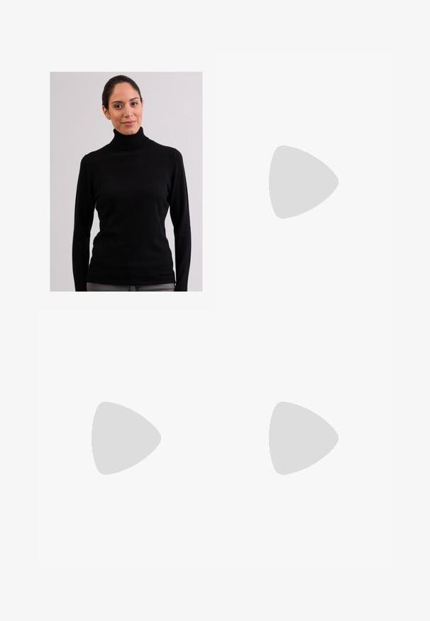 CASH-MERE CASH-MERE ROLLKRAGEN PULLOVER - Strickpullover - schwarz; Schwarze Fake-Leder-Hose mit weitem Bein, Gürtelschlaufen, vier Taschen und einer glatten Textur. Verfügt über ein schlichtes, minimalistisches Design.; Sportschuhe mit einem Obermaterial aus weißem Leder, grauer Wildleder-Zehenkappe und drei schwarzen Streifen. Sie verfügen über ein blaues Logo auf der Zunge und eine strukturierte Gummisohle.; Schwarze Nylon-Umhängetasche mit geschwungener Form, silbernem Kettenakzent, abnehmbarem Mini-Pouch und verstellbarem Trageriemen; mit "Steve Madden"-Logo.