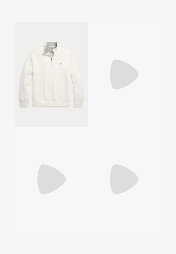 Quarter-zip hettegenser i off-white bomullsblanding, med grå kragefôr, diskret logo-broderi, ribbestrikkede mansjetter og kant.; Blå langermet skjorte med knappestolpe laget av et mykt stoff, med en strukturert krage og en enkelt brodert logo på brystet.; Lyseblå, avslappede bukser med elastisk linning, med sidelommer og en enkelt knappelukking foran.; Marineblå semsket lavsko med en teksturert overflate, gummisåle og tonede snører, med en liten logo på siden og hælen.