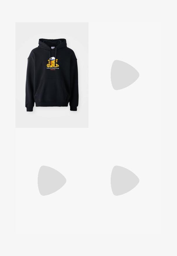 Sweatshirt à capuche noire en coton, présentant un graphique coloré d'un personnage portant une casquette. Comprend une poche kangourou à l'avant et des poignets côtelés.; T-shirt en coton blanc avec un col rond, des manches courtes et un petit logo noir imprimé sur la poitrine gauche. Texture douce et unie.; Pantalon noir en tissu léger, avec une coupe décontractée, des poignets élastiques, des passants de ceinture et un petit logo coloré sur la jambe inférieure.; Baskets bleu clair avec un motif serpent, dotées de rayures blanches et de lacets, sur un sol jaune.