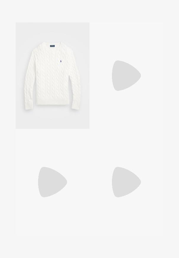 Maglione bianco lavorato a maglia con colletto a girocollo, polsini e fondo a coste, con un piccolo logo blu di Polo sul lato sinistro del petto.; T-shirt bianca in cotone con colletto tondo, maniche corte e un piccolo logo blu navy sul lato sinistro del petto. Texture liscia, design semplice.; Mango Chino - off-white; Sneakers bianchi realizzati in materiale sintetico testurizzato, con logo blu navy, design con lacci e suola in gomma a profilo basso.