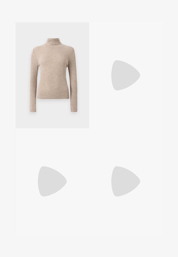 Beige ribbad långärmad polotröja uppställd på en enkel vit bakgrund.; Grå plisserad kjol med en slät textur, som har flera vertikala veck och en åtsittande midja. Tillverkad av lättviktig tyg.; Svarta läder slingback klackar med spetsig tå, liten kittenklack och en dekorativ knutdetalj på framsidan. Slät textur hela vägen.; Brun läderhandväska med två stadiga handtag, rektangulär form, slät yta och dragkedjestängning. Minimalistisk design utan synliga mönster.