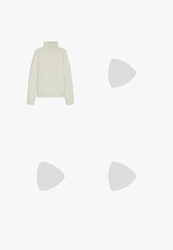 Maglione crema a collo alto con un motivo a spina di pesce testurizzato, polsini e orlo a costine, realizzato in un morbido tessuto a maglia e con una vestibilità rilassata.; T-shirt bianco in cotone con collo rotondo, maniche corte e logo stampato. Presenta un design minimalista e una vestibilità rilassata.; Pantaloni corti bianchi da uomo realizzati in tessuto leggero. Presentano una chiusura con bottone, due tasche laterali e una vestibilità comoda con taglio dritto.; Sneakers bianchi con dettagli in suede beige e suole in gomma leggera; presentano un design low-top e dettagli testurizzati sulla parte superiore.