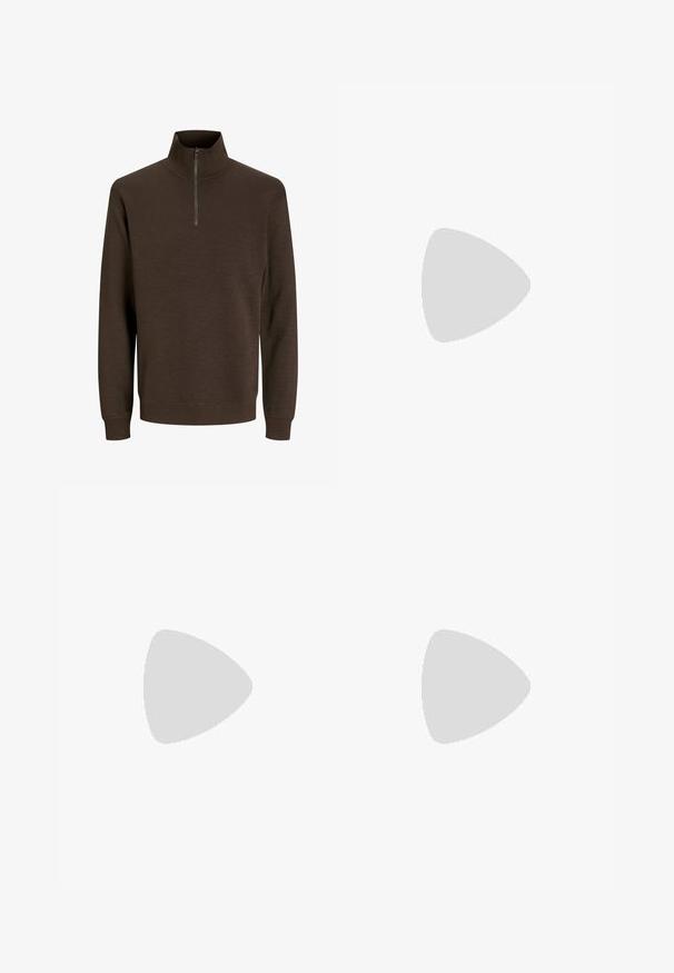 Dark brown pullover sweater with long sleeves and a quarter-zipper high collar, ribbed cuffs, and waistband.; White cotton t-shirt with a crew neck and short sleeves. Smooth texture, straight cut, no patterns or accents. Back view only.; Light yellow, wide-leg trousers made of denim, featuring a front button closure, five pockets, and straight, unembellished design.; Brown leather loafers with a low profile, featuring stitched detailing, a slightly elevated rubber sole, and a smooth finish.