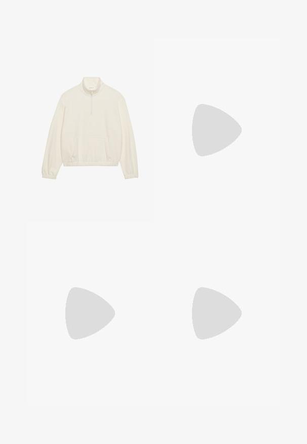 Kergest jahevalge fliisioodetusega poolfliisiga puhvri särk, millel on pooltakjakrae, eesmine tasku ja elastne alläär pikkade kitsenevate varrukatega. Pehme tekstuur.; Kaks ribaga tanki: üks helesinine ja teine valge. Igaühel on ümar kaelus ja sobiv siluett, mis rõhutab kangasteksti.; Valged, mugavad spordipüksid, mis on valmistatud pehmest kangast, elastse talje ja nööridega, sirgete jalgadega disainiga.; Valged platvormi tõusukingad, millel on siledast nahast meenutav pealis, ümar kuju, pehmendatud kaelus ja tekstureeritud kummitald koos selgete hüdrofoobsete mustritega.