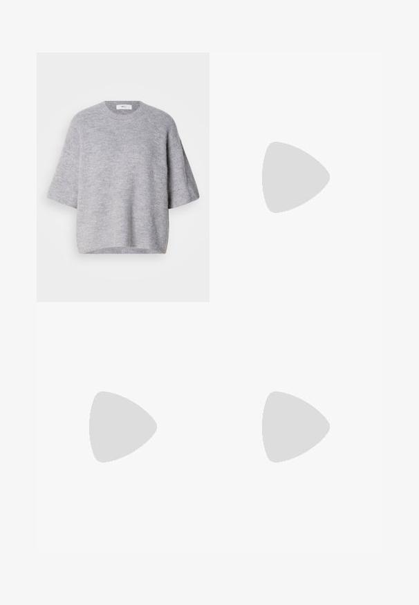 Világosszürke, rövid ujjú, gyapjúkeverék pulóver, kerek nyakkivágással és bordás aljjal, fehér háttér előtt.; Bershka WIDE-LEG - Széles szárú - grey; Fehér sportcipő hálós felsőrésszel, világosbarna díszítéssel és párnázott talppal. Felszereltsége között szerepel a fűzős záródás és egy felirat az oldalon.; Rózsaszín bőr táska téglalap alakú, ezüst lánc pánttal és sima textúrával, a háton viselve. Egyszerű dizájn, amelyen nincsenek látható minták.