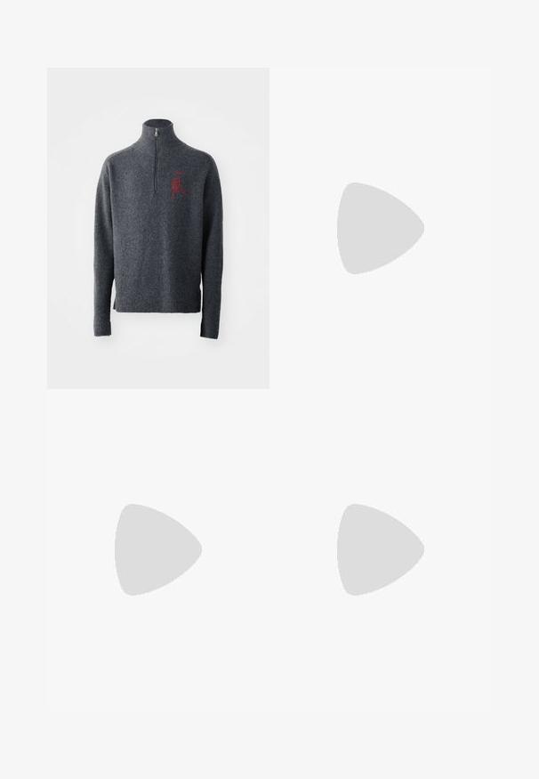 Gray wool sweater with a high collar and a half zip. Features red embroidered detail on the chest and ribbed cuffs and hem.; Black cotton t-shirt featuring red graphic designs of a telephone and a typewriter on the left sleeve and lower right side.; Dark gray trousers with a flat front and pleats, featuring a golden button and zipper closure, made from a textured wool blend fabric.; Black leather slip-on shoe with textured surface, red and white striped accent on the upper, rounded toe, and rubber sole.