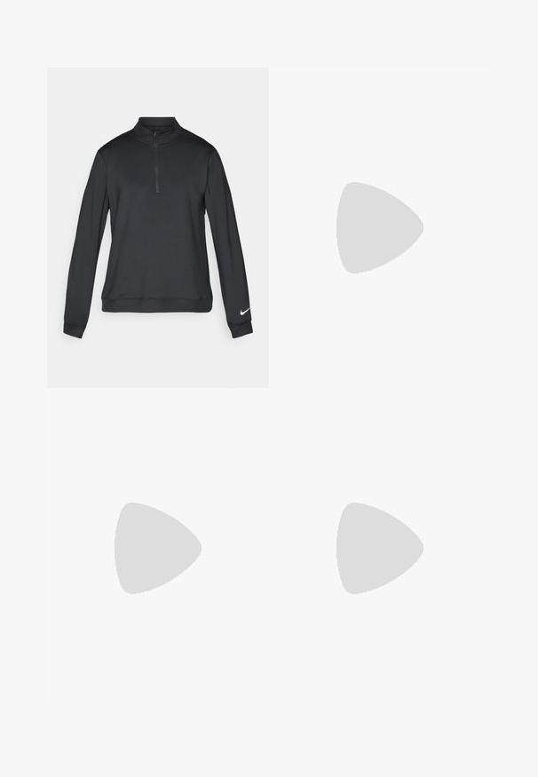 Black Nike pullover with a high collar, quarter-length zipper, and long sleeves. Features a small white logo on the left sleeve. Smooth fabric texture.; Light blue polo shirt made of smooth fabric, featuring a pointed collar, three buttons, and a small black Nike logo on the left chest.; Navy blue pants with a smooth texture, featuring a logo patch on the back pocket and a classic waistband design.; Black athletic shoe with a textured upper, white Nike swoosh, and a white rubber outsole. Features a lace-up design and dynamic shape.