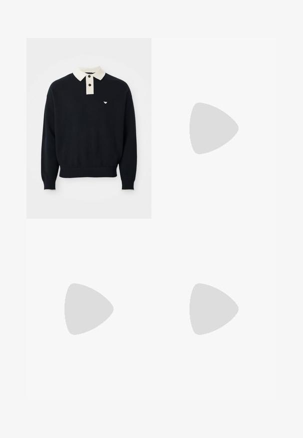 Maglione nero a maniche lunghe con colletto bianco, due bottoni, polsini e orlo a coste, e un piccolo logo bianco sul petto sinistro.; The Kooples PANTALON - Pantaloni - kaki; Mocassini neri in pelle con una texture liscia, punta arrotondata e una striscia decorativa sulla tomaia. Tacco basso impilato, design minimalista.; Occhiali da sole neri rettangolari con lenti scure, montatura spessa in plastica, dettagli dorati sulle tempie e logo del marchio inciso sull'asta.