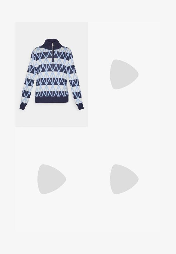 Gebreid pullover met hoge kraag en ritssluiting. Heeft geometrische patronen in marineblauw, lichtblauw en roomkleur. Ribgebreide manchetten en zoom.; Lichtblauwe polo met lange mouwen, voorzien van een ritskraag, textuurstof en een getailleerd ontwerp voor een gestroomlijnde look.; Kleurige bloemen mini-jurk met een aansluitend ontwerp, met tinten van roze, blauw en witte patronen op een zachte fabricagestof.; Witte sportschoenen met een gestructureerde mesh bovenkant, zilveren accenten en een lichtgewicht zool met kleine grip-noppen, gemarkeerd met 'ULTRA FLIGHT'.