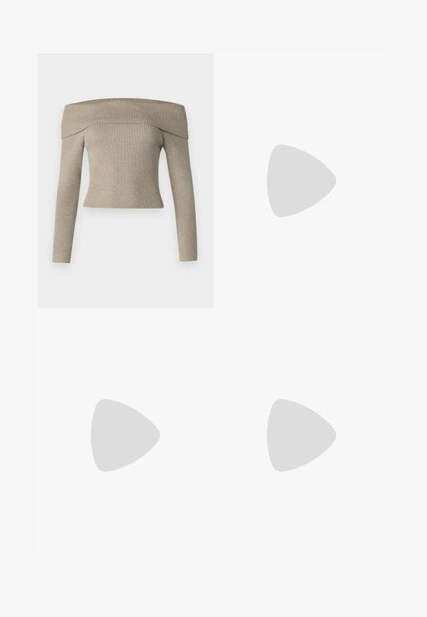 Off-the-shoulder beige ribbed knit top with long sleeves and fitted design. Features a small logo accent at the hem.; Black ribbed flared leggings with a fitted waist and textured fabric, featuring a smooth waistband and flared hem.; Silver slingback heels with a pointed toe, featuring a smooth metallic finish, a slender heel, and decorative strap details.; Black and white striped handbag with a structured shape, featuring a top handle, a detachable chain strap, and metallic logo accent.