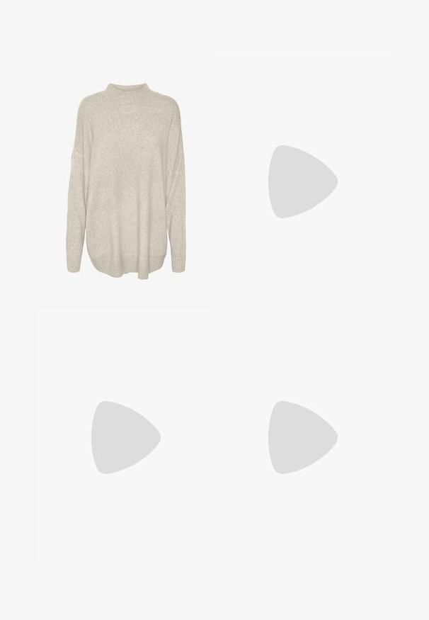 Maglione chunky grigio chiaro con collo alto, spalle scese e orlo a coste. Tessuto texture con un aspetto morbido e caldo.; Tessuto nero con una superficie liscia, caratterizzato da un bordo piegato. Il materiale presenta una leggera lucentezza e una superficie uniforme senza motivi o dettagli.; Stivale alla caviglia in pelle nera con punta affusolata, gambo aderente, tacco alto a blocco e dettagli cuciti nella parte superiore. Finitura liscia.; Occhiali da sole a forma di occhio di gatto con una montatura in plastica nera lucida, lenti scure e dettagli in oro sulle tempie. Design angolare con linee eleganti.