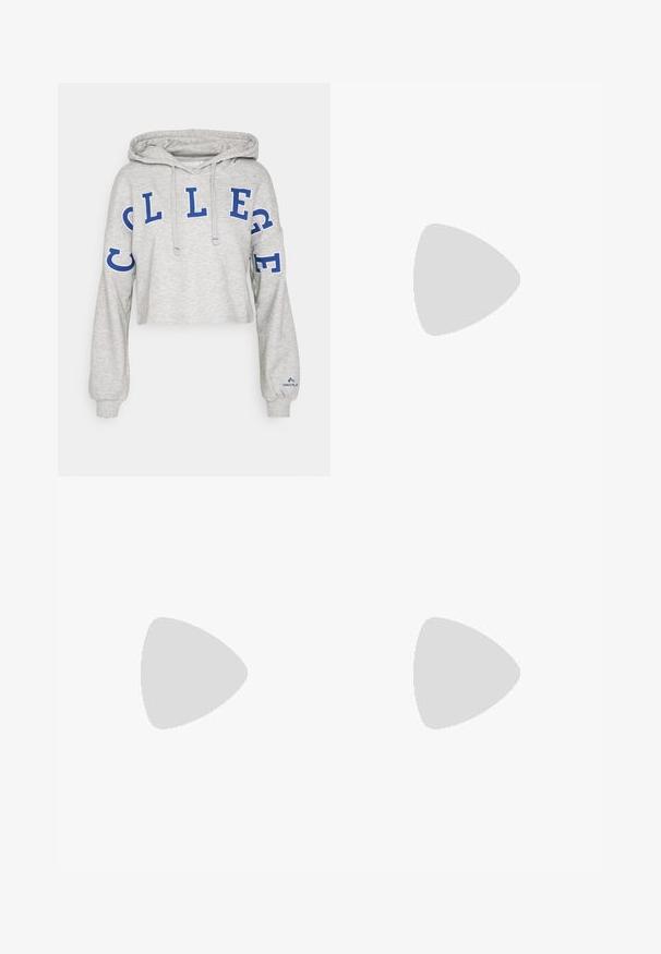 Felpa corta grigia chiara con testo blu "COLLEGE", cappuccio con cordino, maniche lunghe e polsini a coste. Tessuto morbido con vestibilità rilassata.; T-shirt in cotone blu navy con maniche corte, caratterizzato da un logo "Champion" bianco. Vestibilità regolare con scollo rotondo e una texture morbida.; Leggings blu navy realizzati in tessuto elasticizzato, con vita alta e un piccolo logo accentato vicino all'anca. Nessun motivo o texture visibili.; Scarpa sportiva grigio chiaro con tomaia in maglia testurizzata, dettagli verde menta, lacci bianchi, suola in gomma e linguetta sul tallone.