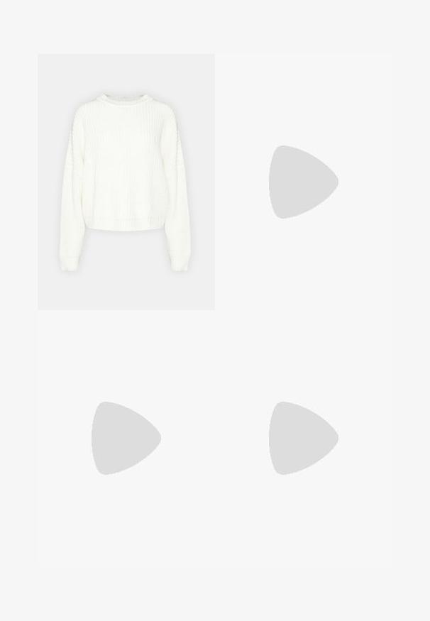 White knitted sweater with a round neck, long sleeves, and a relaxed fit. Features a textured pattern and ribbed hem and cuffs.; Long-sleeve white henley shirt made of ribbed fabric, featuring a V-neckline and five gold-tone buttons along the placket.; Dark gray camisole with thin straps, featuring a floral lace trim along the neckline. Smooth fabric with a relaxed fit and no additional details.; Bershka WIDE-LEG TAILORED - Trousers - white; Sport shoes with a white leather upper, gray suede toe, and three black stripes. Features a blue logo on the tongue and a textured rubber sole.; Burgundy leather handbag with a rounded shape, featuring metallic circular studs and a zippered top, accompanied by a single shoulder strap.