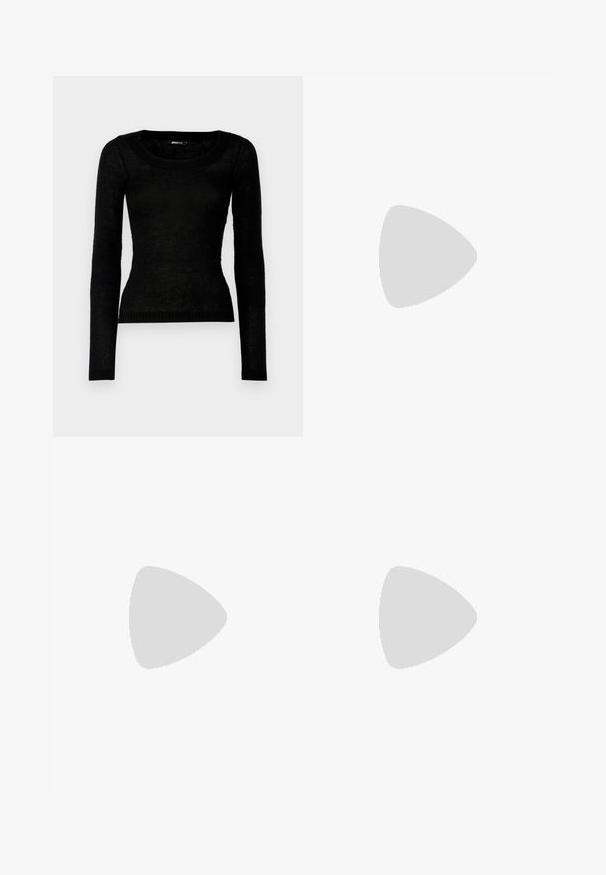 Black long-sleeve sweater with a rounded neckline. Made from a thin, textured knit fabric. Features ribbed cuffs and hem.; Dark blue denim jeans with a smooth texture, featuring a leather logo patch on the back waist and subtle stitching details.; White leather sneaker with perforated toe box, textured sole, and white laces, paired with wide red pants and a blue and yellow background.; Cat-eye sunglasses with a black and orange tortoiseshell frame, brown lenses, and sleek, pointed tips. Features a minimal logo on the temple.