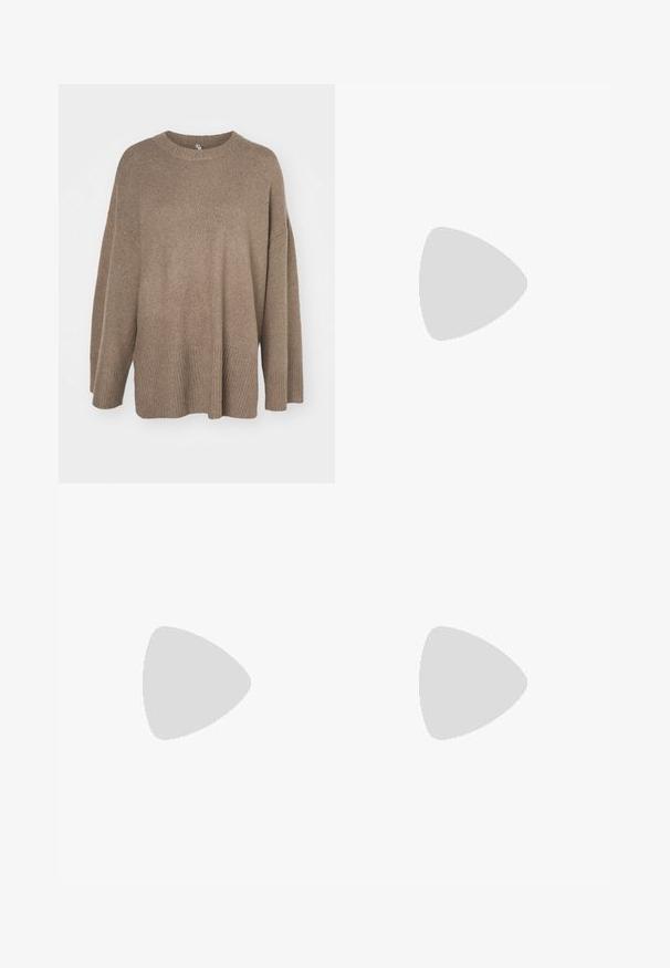 Pulover oversized maro cu o margine striată, mâneci largi și guler rotund. Textură moale, design minimalistic fără modele.; Rochie albă, fără mâneci, cu decolteu pătrat, formă A-line, material texturat și tiv strâns.; Bluză cu mânecă lungă de culoare crem, cu un tiv peplum, model floral texturat și detaliu cu funda la gât. Manșete evazate cu fundițe.; Cizme din daim maro, până la genunchi, cu vârf ascuțit, toc cu grosime și detalii de cusătură pe laturi. Textură fină și design structurat.; Ochelari de soare în stil cat-eye, cu o ramă din material cu tortoiseshell negru și portocalie, lentile maro și vârfuri elegante, ascuțite. Prezintă un logo minimal pe brățara ochelarilor.