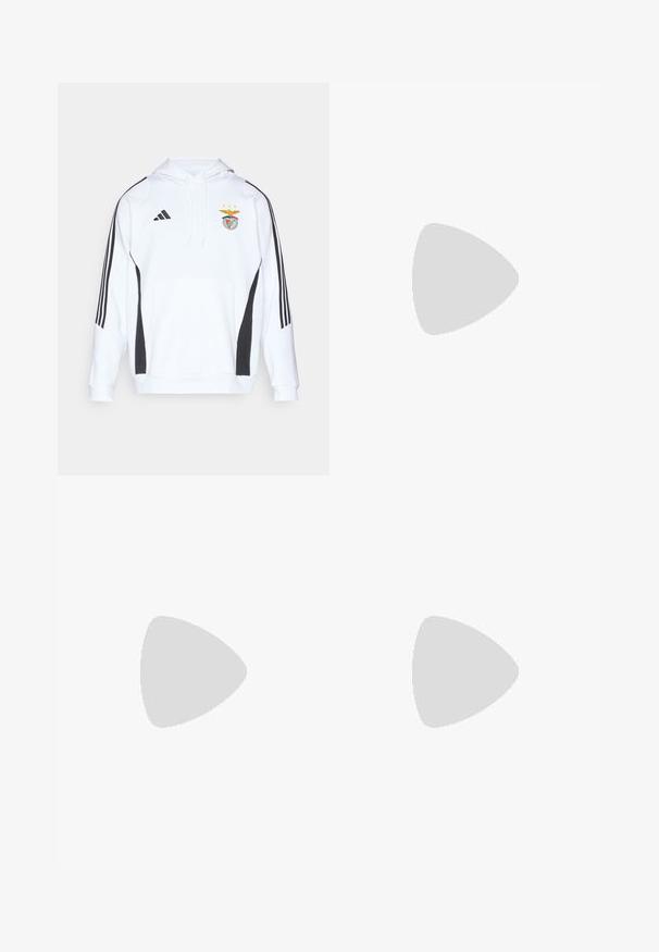 Weißer Hoodie mit schwarzen seitlichen Akzenten und drei schwarzen Streifen an jedem Ärmel. Verfügt über eine Fronttasche und ein gesticktes Teamlogo auf der Brust.; Dunkelgraues Poloshirt mit hellgrünen Akzenten, strukturiertem Stoff, Kragen und kurzen Ärmeln, mit einem Logo auf der Brust und drei Streifen an den Schultern.; Schwarze Sporthosen mit lockerer Passform, versehen mit weißen Seitenstreifen, einem Kordelzugbund und zwei Seitentaschen. Hergestellt aus weichem Stoff.; Weiße Sportschuhe mit einem strukturierten Mesh-Obermaterial, einer stützenden gepolsterten Sohle und einem drei Streifen-Design an der Seite.
