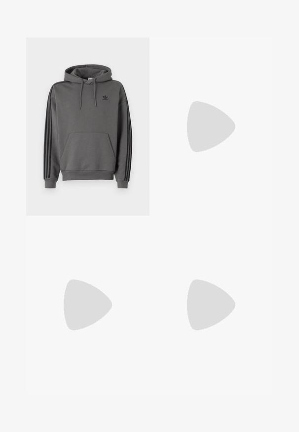 Gray hoodie with a kangaroo pocket, black Adidas logo, and black three-stripe accents along sleeves. Made of soft, textured fabric.; Black denim jeans with a straight cut, featuring a button and zipper closure, front pockets, and a minimalist design. Soft texture.; Brown and blue plaid wide-leg trousers paired with white shoes featuring black accents and textured soles, set against a green background.; Black sunglasses with a rectangular shape, made of durable plastic, featuring gray tinted lenses and a gold accent on the side.